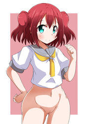 10s blush bottomless female green_eyes kurosawa_ruby looking_at_viewer love_live! love_live!_sunshine!! naruse_mai navel pussy red_hair school_uniform smile solo standing twintails uncensored