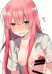 bangs bar_censor blush breasts censored collared_shirt eyebrows_visible_through_hair female green_eyes grey_shirt hair_between_eyes half-closed_eyes hand_up handjob heterochromia ikeuchi_tanuma long_hair nipples nose_blush open_clothes open_mouth open_shirt original penis penis_to_nipple pink_hair red_eyes shirt short_sleeves sidelocks simple_background small_breasts smile solo upper_body white_background