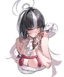 1boy absurdres azami_(blue_archive) black_hair black_nails blue_archive breasts chun_nam cleavage cropped_torso disembodied_penis erection female grey_halo halo highres large_breasts long_hair looking_at_viewer male penis simple_background snake solo_focus straight uncensored upper_body white_background white_hair yellow_eyes