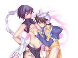 1boy artist_request black_hair breast_sucking breasts female female handjob houshin_engi large_breasts masturbation nipples no_bra ou_kijin penis shiny_skin short_hair smile straight taikoubou tattoo thong