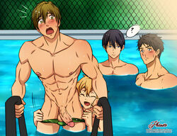 4boys abs assisted_exposure bara blush free! hazuki_nagisa makoto_tachibana male male_only multiple_boys muscle muscular nanase_haruka_(free!) nosebleed outdoors pantsing phausto pool sosuke_yamazaki speedo swimsuit tagme undressing water wet yaoi