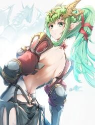 1girls ass bare_back big_ass black_panties cherche_(fire_emblem)_(cosplay) clear_glass_(mildmild1311) fire_emblem fire_emblem_awakening green_eyes green_hair looking_at_viewer looking_back manakete nintendo no_bra panties pointy_ears tiki_(adult)_(fire_emblem) tiki_(fire_emblem)