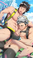 2boys abs age_difference anal blush brown_hair fellatio gay gloves hand_on_head human male male_only male_protagonist_(pokemon_go) mazjojo multiple_boys muscle nintendo oral outdoors penetration penis pokemon pokemon_go pubic_hair sex silver_hair sucking sweat testicle_grab testicles thrusting underwear willow_(pokemon) yaoi