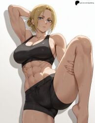 1girls ai_generated annie_leonhardt armpits arms_behind_head arms_up ass attack_on_titan bangs barefoot biceps black_shorts blonde_hair blue_eyes breasts crop_top feet female gym_shorts gym_uniform hand_on_own_thigh hi_res high_quality high_resolution highres huge_breasts large_breasts leg_up legs light_blush lips looking_at_viewer midriff muscular muscular_female navel nose opal_nemy patreon patreon_logo patreon_username plain_background self_upload shadow shingeki_no_kyojin shorts simple_background spread_legs sweat thick_thighs thighs watermark wet white_background