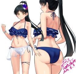 ass ass_focus back back_view bare_arms bare_belly bare_legs bare_shoulders bare_thighs belly_button big_breasts bikini black_hair blue_bikini blush bracelet breasts cleavage closed_mouth collarbone earrings frilled_bikini hair_ornament hair_scrunchie hazuki_ren long_hair love_live! love_live!_superstar!! necklace ponytail see-through_skirt shoulder_blades side-tie_bikini_bottom skirt smile thigh_strap thighs yellow_eyes yoo_tenchi