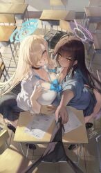 2girls ass asuna_(blue_archive) asuna_(school_uniform)_(blue_archive) bag black_choker black_hair blonde_hair blue_archive blue_eyes bow bowtie breasts choker classroom clothes_grab clothes_lift commentary desk english_commentary gainoob halo highres karin_(blue_archive) karin_(school_uniform)_(blue_archive) large_breasts loose_bowtie miniskirt multiple_girls necktie necktie_grab neckwear_grab paper pov school_bag school_desk school_uniform sitting skirt skirt_lift test_score v yellow_eyes
