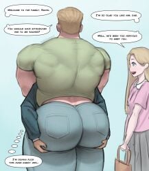 1girls 2boys ass big_ass big_ass_(male) big_butt big_butt_(male) blonde_hair blue_eyes blush bubble_ass bubble_butt clothed clothing couple daddy dialogue dilf english_text father-in-law father-in-law_and_son-in-law father_and_daughter female gay grabbing_ass huge_ass huge_butt male male/male mature_male muscular muscular_male pecs round_ass round_butt smaller_male sunnisummit text younger_female younger_male