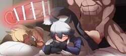 1boy 2girls animal_ears ass ass_grab bar_censor black_gloves black_hair black_legwear black_skirt blonde_hair blue_shirt blush boy_on_top brown_eyes brown_gloves censored closed_eyes cross_section dark-skinned_male dark_skin door eyebrows_visible_through_hair ezo_red_fox_(kemono_friends) fox_ears fox_girl fox_tail full-face_blush fusuma gloves gradient_hair hair_between_eyes hands_on_ass head_out_of_frame highres indoors kemono_friends lifted_by_self long_sleeves lying multicolored_hair multiple_girls on_stomach one_eye_closed pantyhose pantyhose_pull parted_lips penis pillow pillow_hug pink_shirt pleated_skirt prone_bone shirt silver_fox_(kemono_friends) skirt skirt_lift sleeping sliding_doors stealth_sex straight sumiyao_(amam) sweat tail tatami uterus vaginal_penetration white_hair white_skirt x-ray