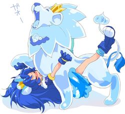 ^_^ animal_ears blue_boots blue_gloves blue_hair blush boots closed_eyes clothed_sex clothing crown cure_gelato cute_fang fangs female gloves happy_sex kikurage_(crayon_arts) kirakira_precure_a_la_mode leg_up lion lion_ears lion_tail long_hair lying magical_girl on_back open_mouth precure pretty_cure sex simple_background solo tail tategami_aoi translation_request white_background zoophilia