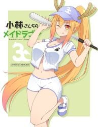 1girls baseball_bat baseball_cap baseball_uniform blonde_hair breasts cleavage dragon_girl dragon_horns female gs_(onsen_syndicate) hair horns kobayashi-san_chi_no_maidragon long_hair long_ponytail midriff miss_kobayashi's_dragon_maid navel orange_eyes pink_hair pink_highlights ponytail shorts slit_pupils solo_female thighs tohru_(dragon_maid) tongue tongue_out very_long_hair wink