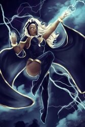 black_cape black_thighhighs bracelet breasts cape cleavage clothing cloud dark-skinned_female dark_skin electricity female female forty_fathoms_(artist) jewelry large_breasts legwear leotard lightning lips long_hair marvel marvel_comics medium_breasts multicolored_hair no_pupils nose ring sky solo storm_(x-men) superhero thigh_boots thighhighs thighs two-tone_hair very_dark_skin white_eyes white_hair x-men