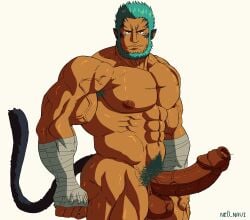 1boy abs animal_ears armpit_hair armpit_hair_peek balls bandaged_arm bandages bara beard blue_hair boner completely_nude erection facial_hair fire_emblem fire_emblem:_path_of_radiance fire_emblem:_radiant_dawn foreskin highres huge_cock large_pectorals looking_at_viewer male male_focus male_only male_pubic_hair mordecai_(fire_emblem) muscular muscular_male navel ne0_navi nude pectorals penis pubic_hair short_hair simple_background solo solo_male tail testicles uncircumcised unretracted_foreskin veins veiny_arms veiny_penis white_background