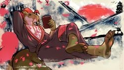 aktiloth anthro asian_clothing bodily_fluids book cherry_blossom cherry_blossom_tree cherry_tree claws clothed clothed_male clothing dragon dripping east_asian_clothing erection erection_under_clothing feet fin fish flower fruit_tree genital_fluids genitals green_body head_fin hi_res holding_book holding_object hybrid japanese_clothing kimono kimono_only leaking_precum looking_at_viewer male marine multicolored_body mythological_creature mythological_scalie mythology pecs penis penis_poking_out pink_penis plant precum precum_drip precum_on_penis precum_string prunus_(flower) reading reading_book relaxing ryusui_(drakinhydra) scalie simple_background teeth tree whiskers