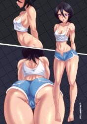 absurdres ass ass_focus assymptoad back bare_shoulders black_hair bleach border breasts cameltoe casual crop_top cropped_shirt dolphin_shorts feet female full_body hair_between_eyes highres kuchiki_rukia legs lips lipstick looking_at_viewer makeup medium_hair micro_shorts midriff multiple_views nail_polish navel no_panties open_fly pink_nails profile shirt shorts sideboob simple_background small_breasts smile solo stomach tank_top thighs toenail_polish toenails unbuttoned unbuttoned_pants white_shirt wide_hips