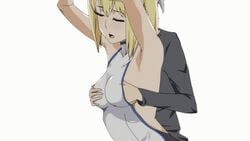 1boy aiz_wallenstein animated artist_request bare_back bell_cranel bent_over blonde_hair blush bouncing_breasts breast_grab breasts clothed_sex doggy_style dungeon_ni_deai_wo_motomeru_no_wa_machigatteiru_darou_ka female male medium_breasts nude sex straight white_hair