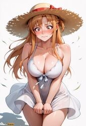 ai_generated artist_name asuna_(sao) bangs bare_shoulders blush bow braid breasts brown_eyes brown_hair cleavage closed_mouth collarbone cowboy_shot dress dress_tug embarrassed female hat high_resolution highres large_breasts long_hair red_bow ribbon see-through short_dress simple_background sleeveless sleeveless_dress solo stable_diffusion straw_hat sun_hat sundress sweat sword_art_online thighs waifuscans418 wavy_mouth white_background white_dress wind