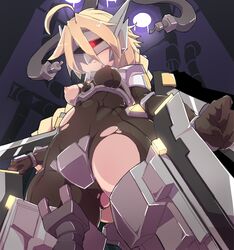 ahoge blazblue blonde_hair bodysuit braid breasts female infraton lambda-11 mecha_musume red_eyes single_braid solo thighhighs torn_clothes very_long_hair