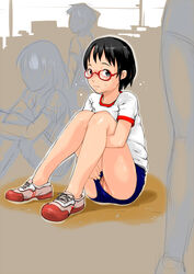 black_eyes black_hair blush buruma buruma_aside clothing embarrassed female full_body glasses gym_shirt gym_uniform j7w knees_together_feet_apart knees_up leg_hug looking_at_viewer multiple_girls original pussy red-framed_glasses shirt shoes short_hair sitting solo_focus sweat uncensored wavy_mouth