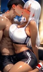 1boy 1girls ai_generated aimi_(bsandra) blush breasts bsandra dark_skin female glowing_eyes kissing large_breasts long_hair original original_character red_eyes sofa sports_bra sports_shorts sportswear straight_hair tanned white_hair yandere