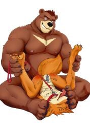 absurd_res anthro bear bodily_fluids body_writing canid canine chastity_cage chastity_device collar dominant dominant_male duo feet foot_fetish foot_lick foot_play fox fynnley gay gay_male genital_fluids grin hi_res humiliation leash licking male male/male mammal nipples pawpads paws precum saliva slave smile submissive submissive_male tongue yaoi