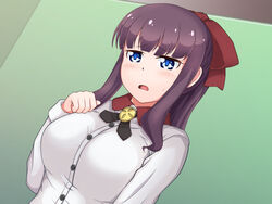 blue_eyes blush bow breasts brown_hair clothing female hair_ornament hair_ribbon large_breasts looking_at_viewer new_game! open_mouth ribbon solo sweat takimoto_hifumi