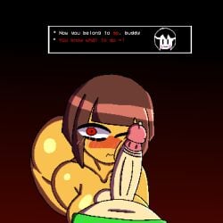 1boy1girl 2d big_breasts big_penis brown_hair chara charisk female female_frisk frisk frisk_(undertale) male pixel_art pixelated red_eyes shint200_the tagme undertale white_male yellow_body yellow_skin yellow_skinned_female
