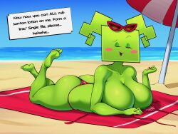 1girls 2025 areolae ass beach big_ass big_balls big_breasts breasts female green_body green_skin hi_res highres huge_breasts large_breasts mario_(series) mimi_(super_paper_mario) nintendo paper_mario sleepiitreat solo solo_female super_paper_mario thick_ass thick_legs thick_thighs video_games