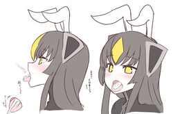 antennae bangs black_hair blush cum cum_in_mouth cum_on_tongue diadem eyebrows_visible_through_hair facial female headgear kaiju kaiju_girl long_hair multiple_views open_mouth pale_color profile simple_background sumiyao_(amam) translation_request ultra_kaijuu_gijinka_keikaku ultraman_(1st_series) ultraman_(franchise) white_background yellow_eyes zetton