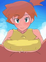 1boy 1girls alternate_breast_size animated areolae bar_censor blue_sky blush boris_(noborhys) breasts censored crop_top cum cum_on_body cum_on_breasts cum_on_upper_body erect_nipples eyebrows_visible_through_hair female green_eyes happy happy_paizuri happy_sex human human_only kasumi_(pokemon) large_breasts looking_at_viewer male nintendo nipple_slip nipples orange_hair paizuri paizuri_under_clothes penis pointless_censoring pokemon pokemon_(anime) pov short_hair side_ponytail sky smile solo_focus straight underboob