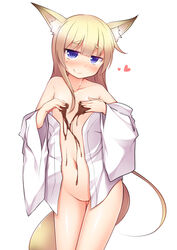 amoriro animal_ears blonde_hair blue_eyes chocolate female female flat_chest heart navel off_shoulder open_clothes original simple_background smile solo tail white_background