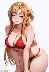 ai_generated artist_name asuna_(sao) bangs bikini blush braid breasts brown_eyes brown_hair cleavage collarbone female high_resolution highres large_breasts leaning_forward lips long_hair looking_at_viewer mole mole_on_breast navel red_bikini red_eyes simple_background smile solo stable_diffusion swimsuit sword_art_online thighs waifuscans418 white_background