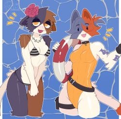 2d 2girls accessory anthro bare_shoulders bikini bikini_bottom bikini_top breasts breasts breasts cat_ears cat_humanoid cat_tail cate_meowdy_(fortnite) collar ear_piercing epic_games feline female female_only fingerless_gloves flower flower_in_hair fortnite fortnite:_battle_royale fur furry furry_only kobita09 looking_at_viewer meow_skulls_(fortnite) necklace one_piece_swimsuit open_mouth piercing standing swimsuit swimwear tagme tail tattoo tattooed_arm tattoos yellow_eyes