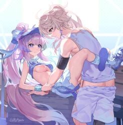 absurdres aether_(genshin_impact) artist_name bar_censor bare_shoulders blonde_hair blue_horns blue_shoes blush bow-shaped_hair breasts bunting censored clothes_lift clothes_pull colored_tips earrings female genshin_impact gradient_hair highres horns jewelry leg_lock long_hair lying medium_breasts multicolored_hair nipples official_alternate_costume official_alternate_hairstyle on_back penis pink_hair pleated_skirt ponytail purple_eyes pussy sangonomiya_kokomi sangonomiya_kokomi_(pulse+) shirt shirt_lift shoes shorts shorts_pull single_earring skirt sleeveless socks sportswear tennis_uniform very_long_hair visor_cap white_shirt white_shorts white_skirt white_socks wristband xinliu_asato