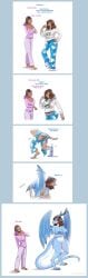 2019 absurd_res anthro areola arm_under_breasts artist_name biped black_hair blizzard_entertainment blue_areola blue_body blue_nipples blush border bottomwear bra breast_expansion breasts brown_hair closed_eyes clothed clothing colored comic countershade_face countershade_legs countershade_neck countershade_tail countershade_torso countershading dialogue digitigrade dragon duo english_text expansion eyewear female front_view fully_clothed genitals glasses grey_border growth hair hand_on_hip hand_on_own_hip hi_res highlights_(coloring) horn human human_to_anthro looking_at_own_hand mammal mei_(overwatch) membrane_(anatomy) membranous_wings motion_lines mythological_creature mythological_scalie mythology navel nipples non-mammal_breasts non-mammal_hair non-mammal_navel non-mammal_nipples non-mammal_pussy onomatopoeia open_mouth overwatch pajamas pants purple_highlights pussy rear_view scalie sequence shaded shirt side_view simple_background smile snout snout_growth sombra_(overwatch) sound_effects spanish_text species_transformation standing strawberrytfs tail tail_growth tail_growth_in_pants text topwear torn_clothing transformation transformation_sequence underwear white_background white_body white_countershading wing_growth wings yawn