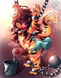 absurd_res anthro ass balls bodily_fluids bondage bound bucket chains claws clothing collar container cum digital_media_(artwork) domestic_cat dripping ear_piercing ear_ring erection felid feline felis fur genital_fluids genitals hair hand_on_butt hands hi_res humanoid_genitalia humanoid_penis leaking_precum long_hair male mammal nude penile penis penis_milking piercing precum precum_drip ring_piercing saggy_balls simple_background solo striped_body striped_fur stripes tail throbbing throbbing_balls throbbing_penis touching_butt yuko_camicats_(yukocamicats) yukocamicats