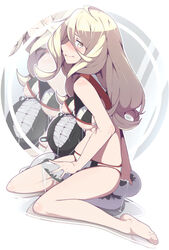 10s awachi bare_shoulders barefoot blonde_hair enemy_naval_mine_(kantai_collection) feet female green_eyes hair_between_eyes highres kantai_collection long_hair looking_at_viewer mole mole_under_eye mole_under_mouth richelieu_(kantai_collection) shinkaisei-kan suggestive_fluid swimsuit tentacle