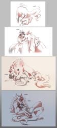 2019 anthro anthro_on_feral areola artist_name balls biped black_hair border breasts canid canine canis closed_eyes clothing colored comic dialogue digitigrade dragon duo duo_transformation english_text erection female feral front_view genitals grey_border hair hi_res highlights_(coloring) horn kissing leg_markings legs_together lying lying_on_ground male male/female mammal markings motion_lines mythological_creature mythological_scalie mythology navel neanne_(vyruem) nipples non-mammal_breasts non-mammal_hair non-mammal_navel non-mammal_nipples non-mammal_pussy nude on_back on_ground open_mouth penis pussy quadruped red_highlights scalie sequence shaded side_view simple_background sitting sitting_on_another sitting_on_ground smile snout species_transformation spread_legs spreading standing strawberrytfs text time_skip torn_clothing transformation transformation_sequence traurig_(vyruem) white_background wolf zoophilia