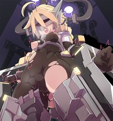 ahoge blazblue blonde_hair bodysuit braid breasts cameltoe female infraton lambda-11 mecha_musume red_eyes single_braid solo thighhighs torn_clothes very_long_hair