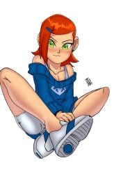 aged_up alternate_costume ben_10 ben_10_(classic) ben_10_omniverse crossed_legs cute darkfang100 female floating freckles gwen_tennyson hands_on_legs looking_at_viewer petite red_hair shorts small_breasts sneakers sweater tank_top