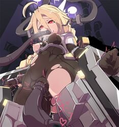 ahoge blazblue blonde_hair bodysuit braid breasts female infraton lambda-11 mecha_musume oral red_eyes single_braid solo text thighhighs torn_clothes vaginal_penetration very_long_hair