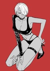 alternate_costume big_breasts cleavage cute_fang female female_only full_body garter gegege_no_kitarou genderswap_(mtf) hair_over_one_eye half-closed_eyes high_heels kitarou_tanjou_gegege_no_nazo kneeling kngr_dappou long_legs medama_oyaji_(human) milf oerba_yun_fang red_background red_eyes restricted_palette rule_63 short_hair solo thigh_strap very_short_hair