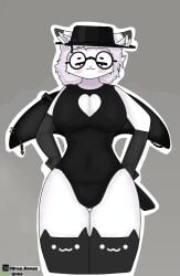 1girls anthro artic_fox bare_thighs black_clothing breasts closed_eyes closed_smile clothed clothing commission confident_female female fox furry furry_female gusa hat heart_cutout jumpsui leotard oc original_character own_character plump_breasts posing roblox robloxian shaded smile stockings thick_thighs thighhighs thighs weapon_on_back white_skin winged_humanoid