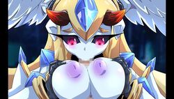 1boy black_sclera blonde_hair blue_skin breasts fellatio female horns inverted_nipples large_breasts monster_girl nipples oral paizuri pov tokyo_tenma_devil_prison