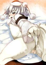 animal_ears ass azuki_akizuki female flat_chest from_behind fundoshi furry looking_back lying momiji_inubashiri nipples on_stomach pussy pussy_juice solo tail touhou wedgie