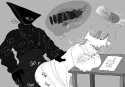 anal_sex analog_horror anus bad_tag big_penis boisvert gay glasses gray_background grayscale heart_symbol horns moaning no_color no_pants ouriel_(boisvert) room_(boisvert) self_love shirt_open spurting sweater_up table table_sex tired_eyes triangle_head twitching xray_view