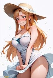 ai_generated artist_name asuna_(sao) bangs bare_arms bare_shoulders blush bow braid breasts brown_hair cleavage closed_mouth collarbone cowboy_shot dress dress_tug embarrassed female flying_sweatdrops hat high_resolution highres large_breasts long_hair panties pink_panties ribbon simple_background sleeveless sleeveless_dress solo stable_diffusion standing straw_hat sun_hat sundress sword_art_online thighs underwear waifuscans418 wavy_mouth white_background white_bow white_dress wind wind_lift