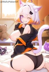1girls ai_generated ass bedroom breasts cat_ears cat_tail catgirl demenishki female hi_res high_resolution highres kneeling large_breasts nipples on_bed one_eye_closed open_jacket pink_nipples shirt_lift short_hair smirk smirking_at_viewer solo tagme thigh_strap virtual_youtuber vtuber vtuberfanart waifumakerart