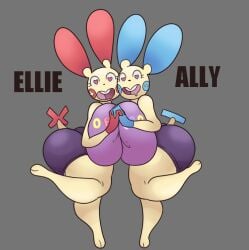 2girls anthro big_ass blush breast_squish breasts fangirl heart-shaped_pupils holding_hands huge_ass huge_breasts minun oc piratebay plusle pokemon pokemon_(species) tail thick_thighs