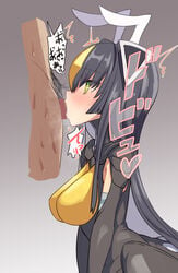 1boy absurdres antennae bangs bar_censor black_dress black_hair blush breasts censored cum cum_in_mouth dark-skinned_male dark_skin dress eyebrows_visible_through_hair fellatio female from_side full-face_blush green_eyes grey_background headgear highres kaiju kaiju_girl kneeling large_breasts long_hair male_pubic_hair onomatopoeia oral orgasm penis profile pubic_hair simple_background sumiyao_(amam) sweat ultra_kaijuu_gijinka_keikaku ultraman_(1st_series) ultraman_(franchise) yellow_eyes zetton