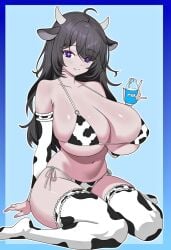 1girls animal_ears arm_behind_back bare_hips bare_shoulders big_breasts bikini black_ears black_hair blue_background breasts buster-art closed_mouth closed_mouth_smile covered_breasts covered_nipples cow_bikini cow_ears cow_horns cow_print_armwear cow_print_bikini cow_print_bra cow_print_legwear cow_print_lingerie cow_print_stockings cow_print_thighhighs cow_thighighs curvy curvy_female curvy_figure detached_sleeves dreamy7w7 female female_only hair_between_eyes hips hispanic_virtual_youtubervirtual_youtuber horns kemonomimi legs_closed legs_together legs_together_feet_apart long_hair looking_at_viewer milk milk_bottle navel nipple_bulge open_eyes pale-skinned_female pale_skin purple_eyes ribbon side_view simple_background sitting sitting_on_ground smile thighhighs twitch.tv view_from_the_side virtual_youtuber vrchat_avatar vtuber vtuberfanart white_horns white_ribbon wide_hips